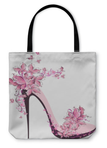 Tote Bag, Shoes On A High Heel Decorated With Butterflies